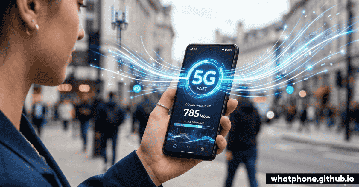 A smartphone displaying a high-speed 5G network benchmark test with low latency and high gigabit-per-second download speeds