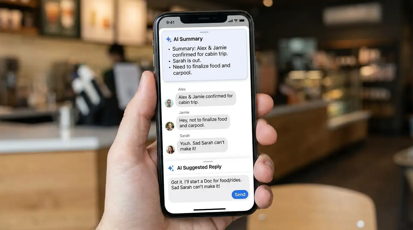 A smartphone screen showing an AI assistant summarizing a message thread and suggesting a written reply