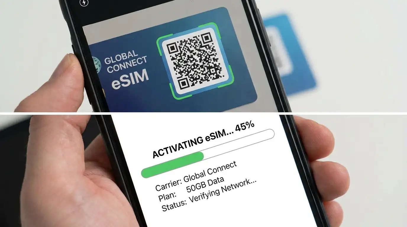 A smartphone screen showing an eSIM QR code scan and activation progress for a new carrier plan