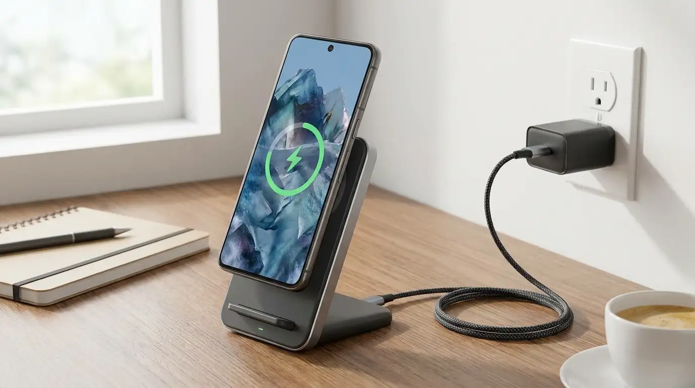 A smartphone charging on a magnetic Qi2 wireless charging stand next to a USB-C fast charger