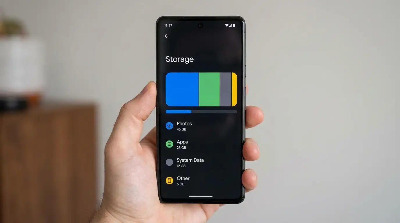 A smartphone settings screen showing a storage breakdown chart with categories for photos, apps, and system data