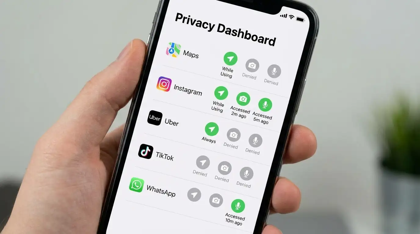 A smartphone privacy dashboard showing a list of apps with their location, camera, and microphone permissions