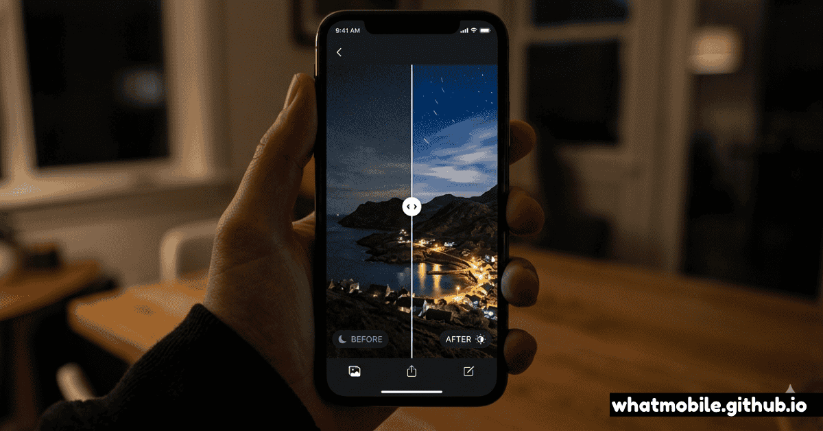 A smartphone screen showing a side-by-side comparison of a low-light landscape before and after AI computational night mode processing