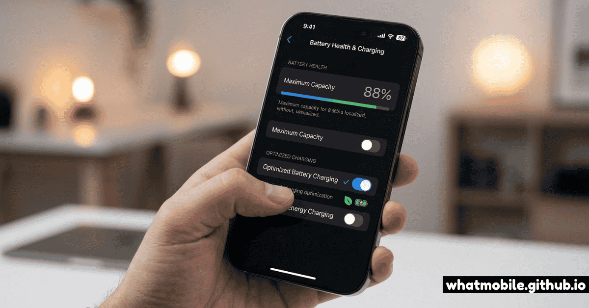 A smartphone screen showing the battery health settings menu with a focus on maximum capacity percentage and optimized charging toggles