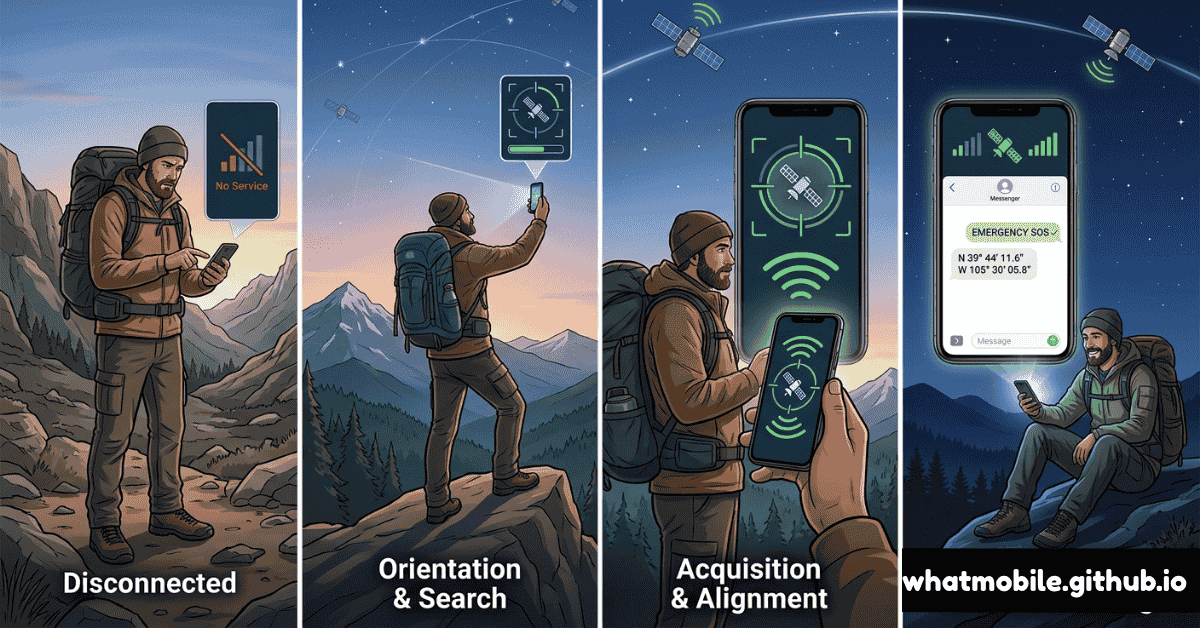 A smartphone screen showing a satellite connectivity interface with a compass guide for aligning the device with a passing satellite