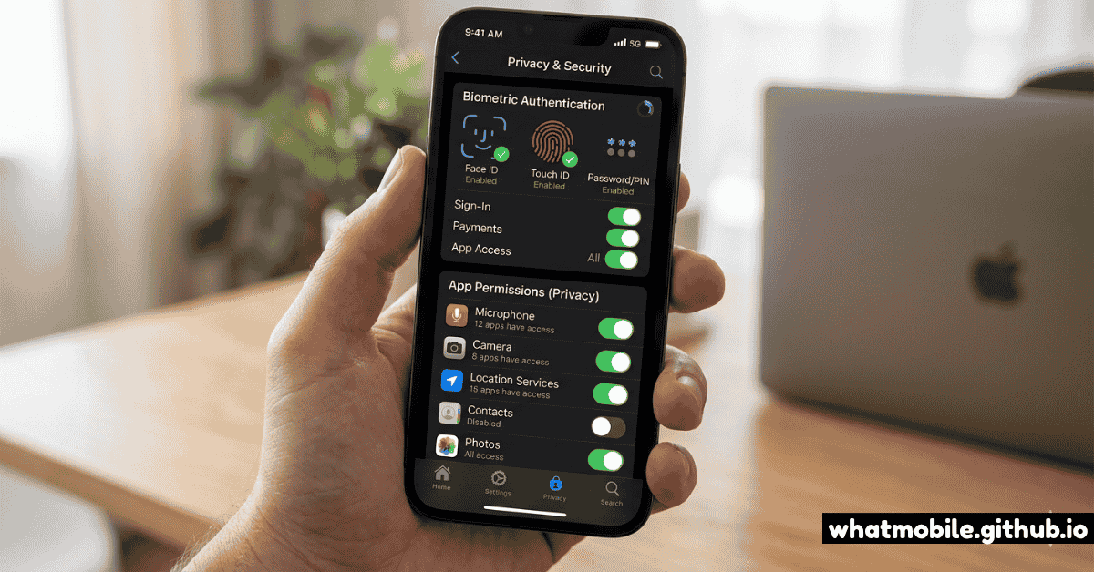 A smartphone screen displaying biometric authentication and app permission settings for enhanced privacy
